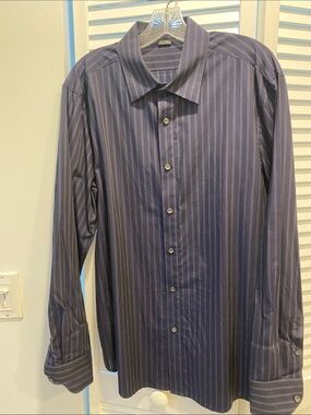Theory Men's Navy and Purple Pinstripe Long Sleeve Shirt